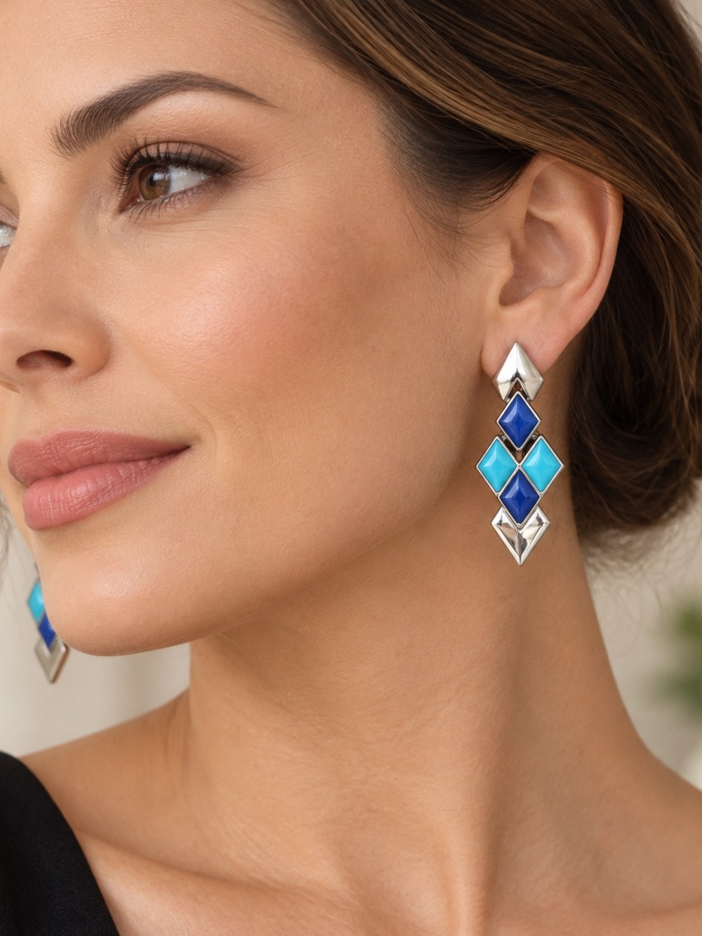 nOir Jewelry Navy Turquoise Geometric Drop Earrings NWT Silver Tone